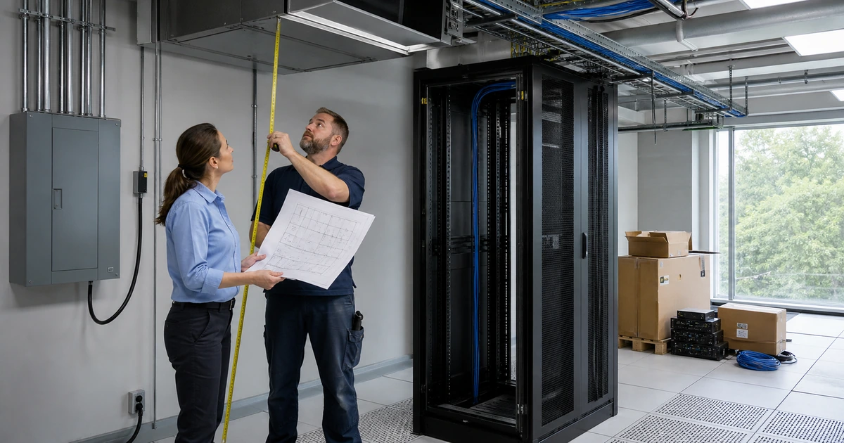 Infrastructure engineer and facilities manager measuring rack space power and cooling clearances