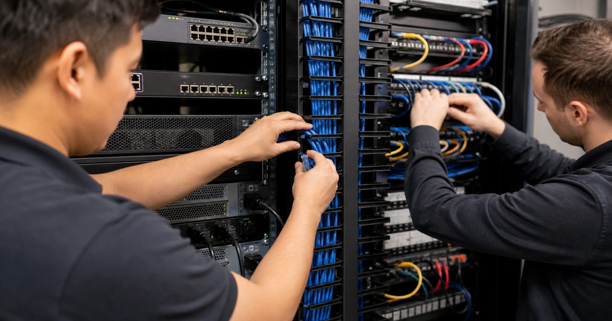 Low voltage technicians rerouting network cables through rack managers and patch panels