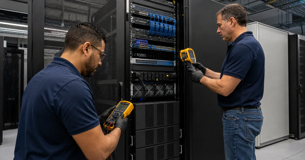 Infrastructure technicians testing rack power load temperature airflow and continuity