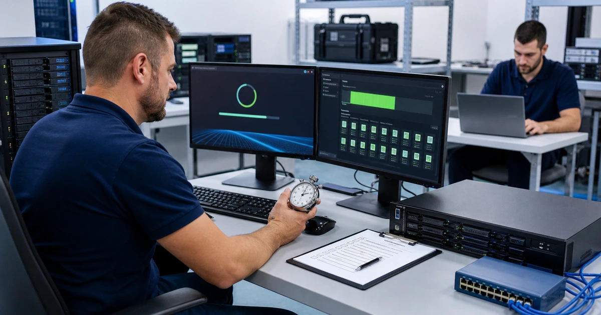 Recovery engineer timing a clean system restore while another technician validates the recovered data