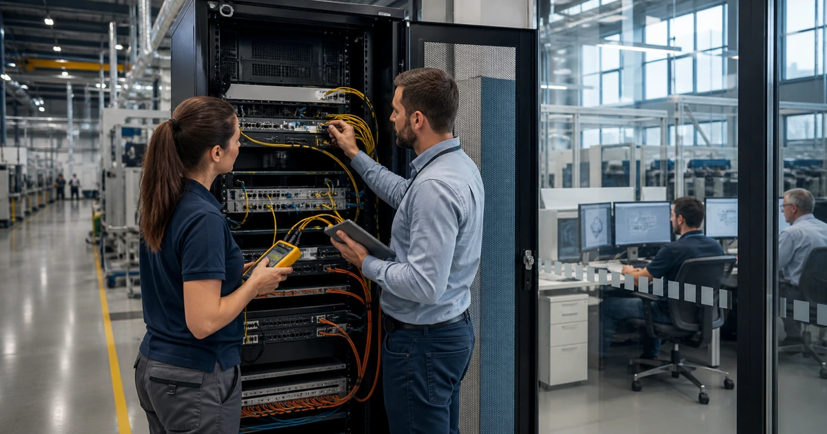 Network and controls engineers testing resilient fiber connectivity between a factory floor and engineering office