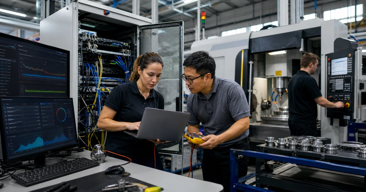 Plant IT specialist and manufacturing engineer diagnosing network performance beside a working CNC machine cell