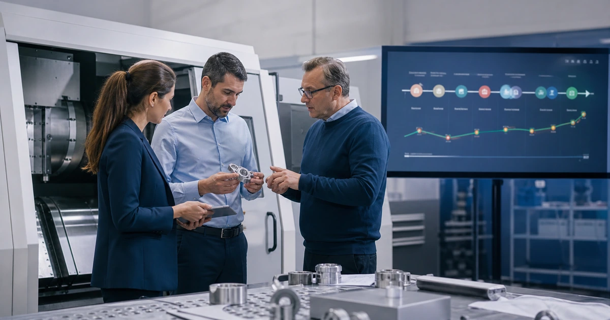 Industrial marketing and engineering team connecting campaign performance to a precision manufacturing sales process