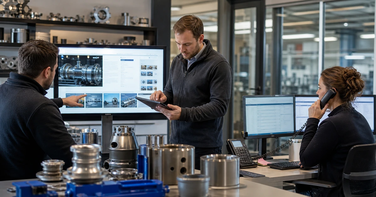 Technical sales team reviewing an industrial product website and customer requirements beside machined components