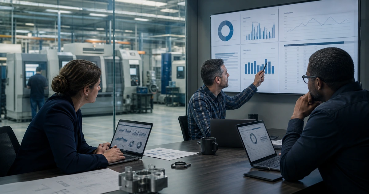 Manufacturing marketing sales and IT leaders reviewing attribution data beside an active production floor