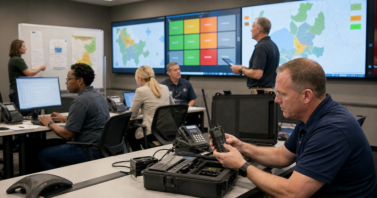 Local government continuity team testing backup communications and public service systems