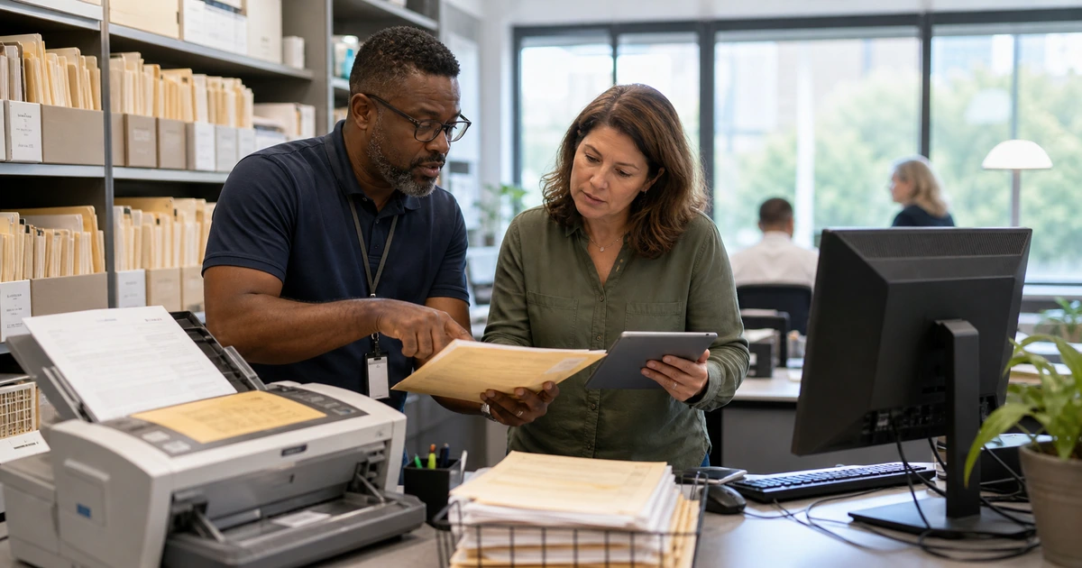 City IT specialist and department employee comparing paper records with a digital service workflow