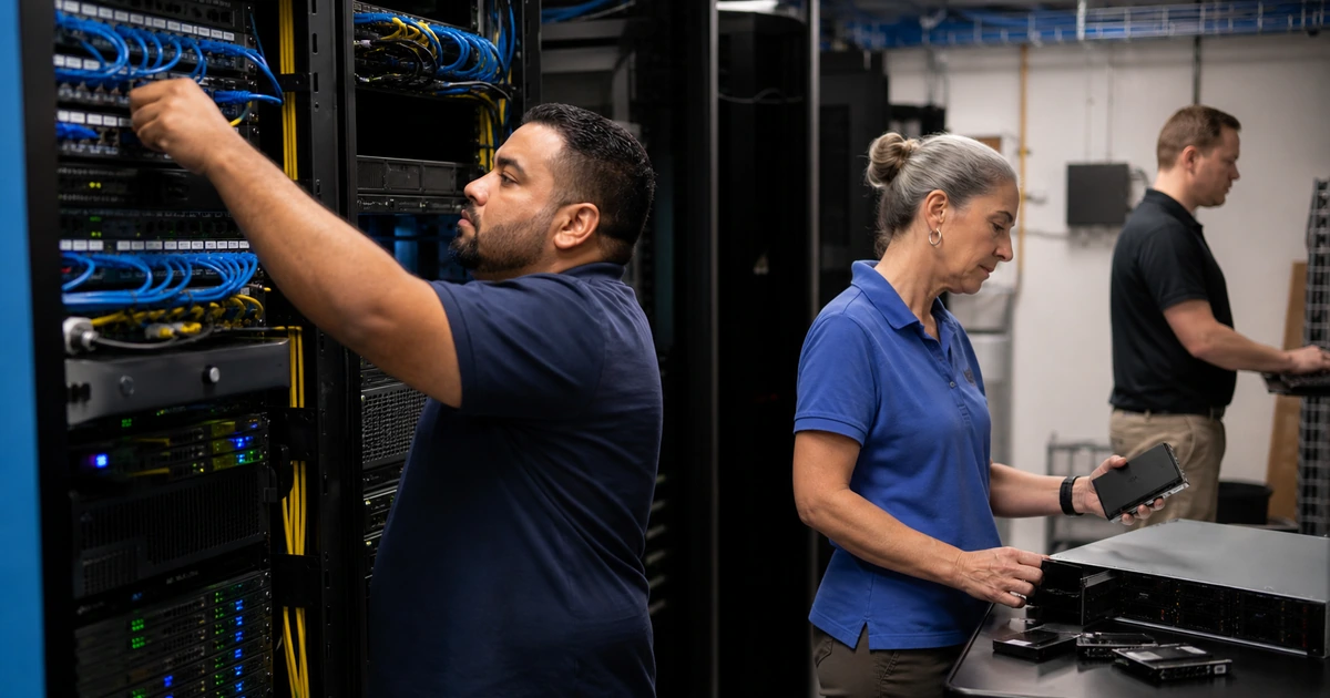 Municipal IT team checking network equipment backup hardware and recovery media
