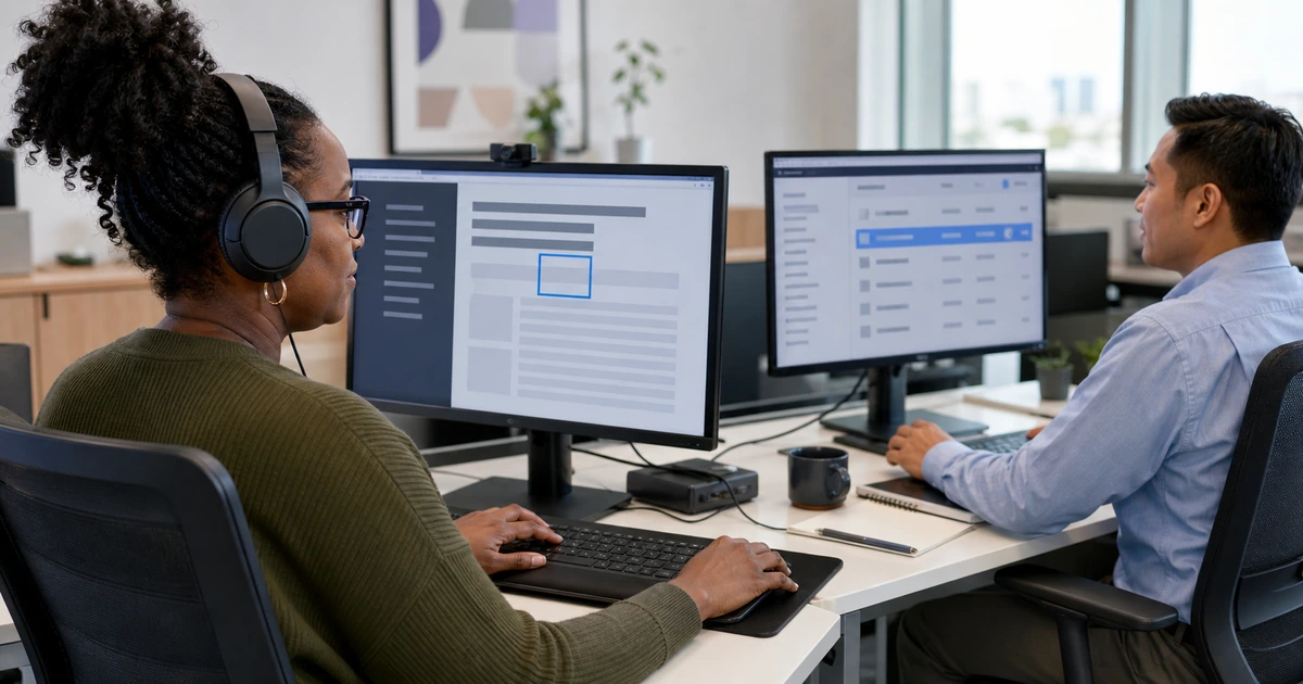 Government accessibility specialist testing keyboard navigation beside a public information officer