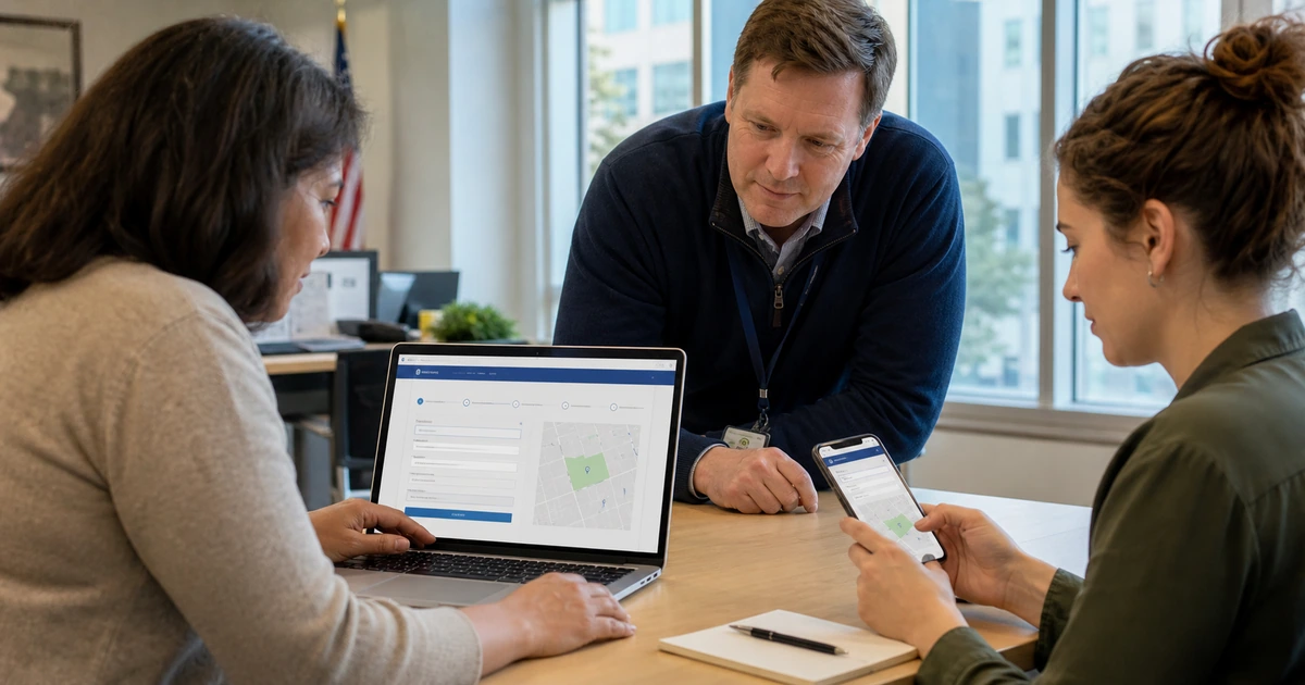 Resident and municipal digital services team testing an online service form on laptop and mobile
