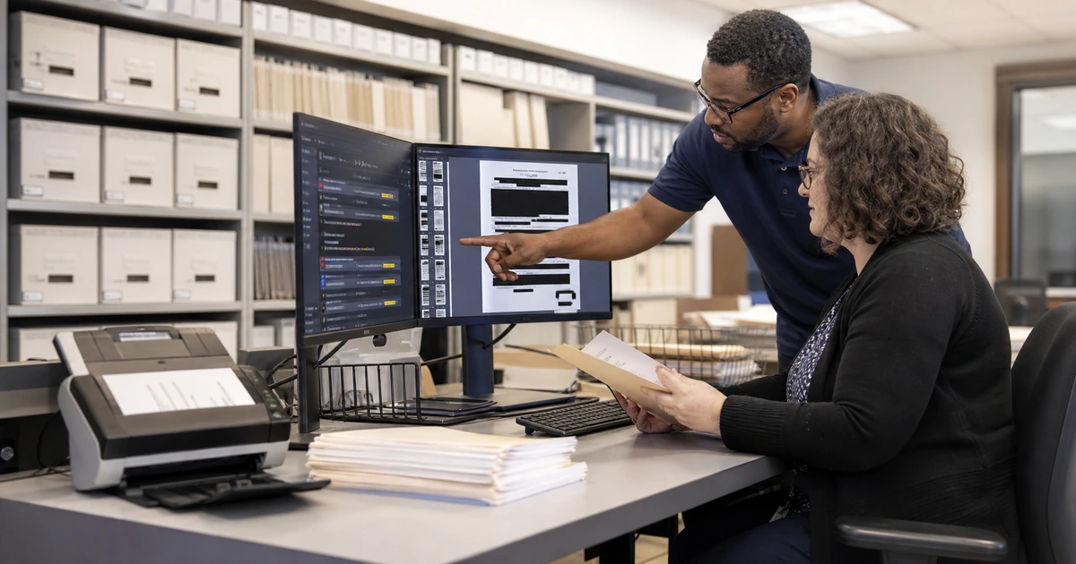 Government records staff reviewing scanned documents and a digital resident request workflow