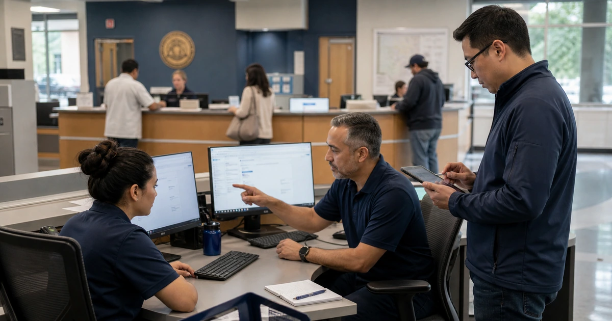 Municipal service and IT staff testing a controlled AI workflow in a resident service center