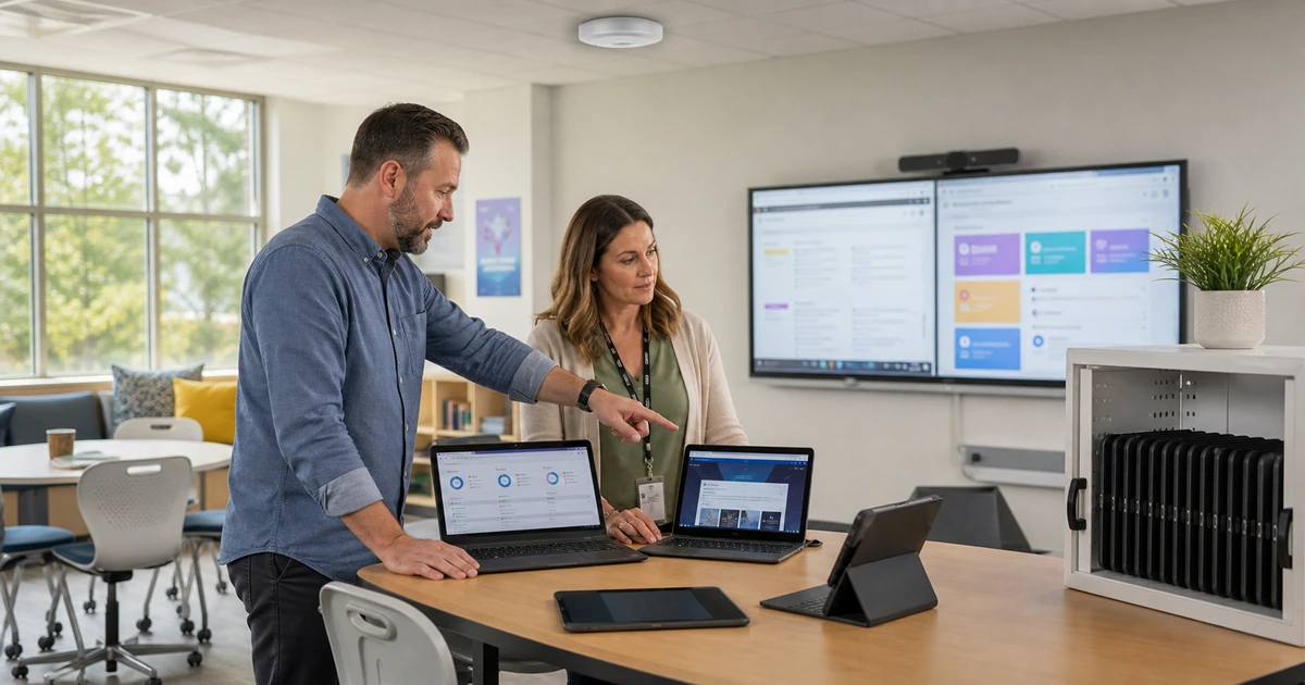 School technology director and instructional coach planning secure devices access and learning platforms