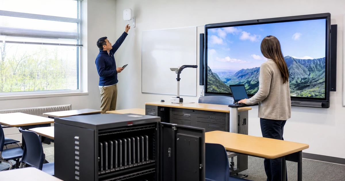 School technician and teacher testing classroom Wi-Fi devices and an interactive display before instruction