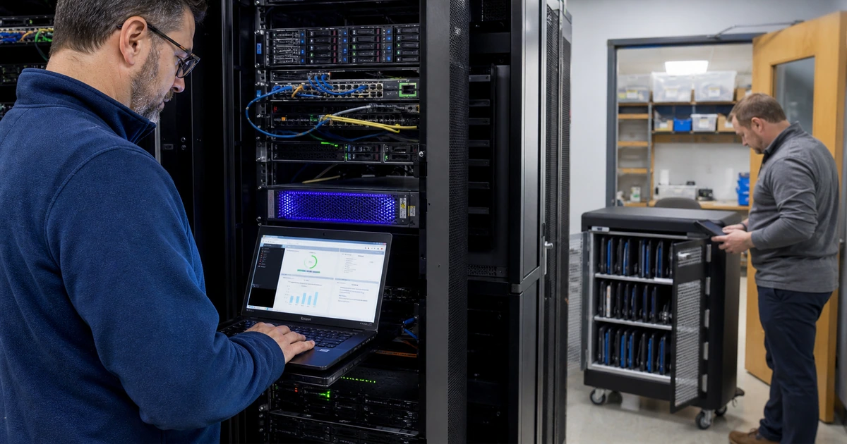 School IT team verifying network security backups and managed student devices