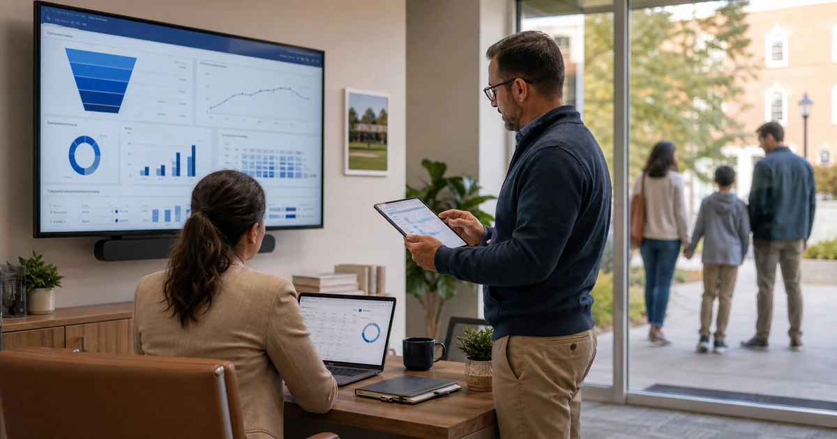 School admissions team measuring digital inquiries and campus visits with analytics dashboards