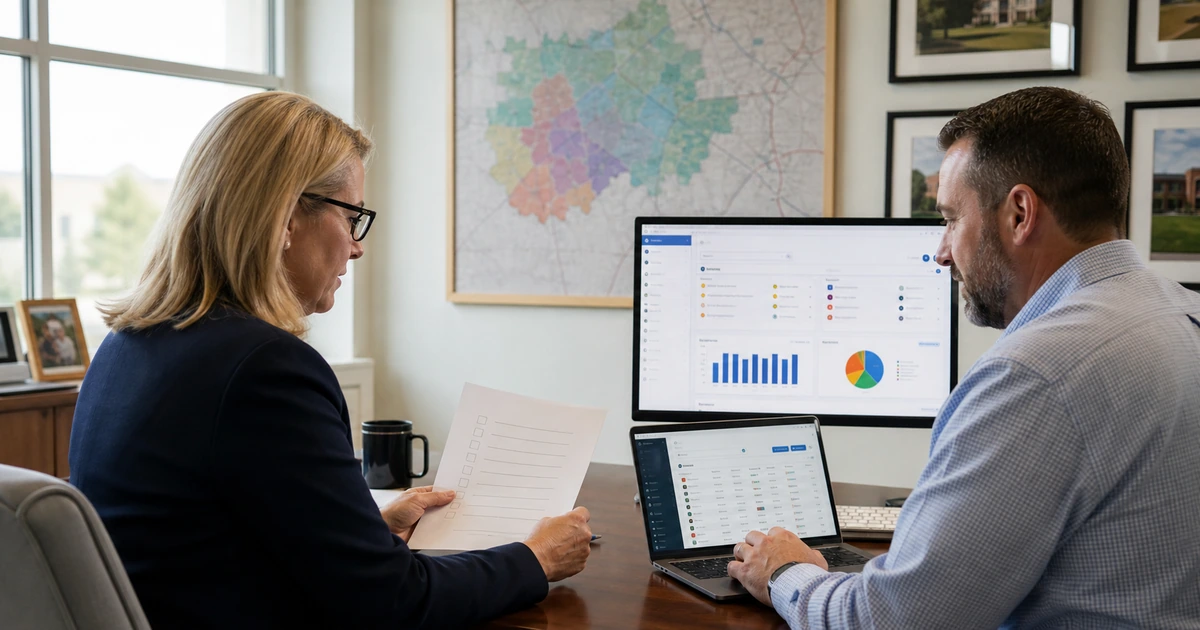 School marketing director and IT administrator auditing ownership of listings analytics and campaign accounts