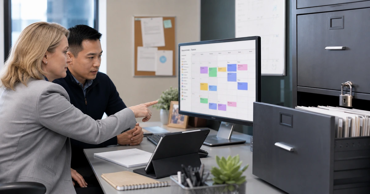 School operations manager and IT analyst improving an administrative workflow beside secured records