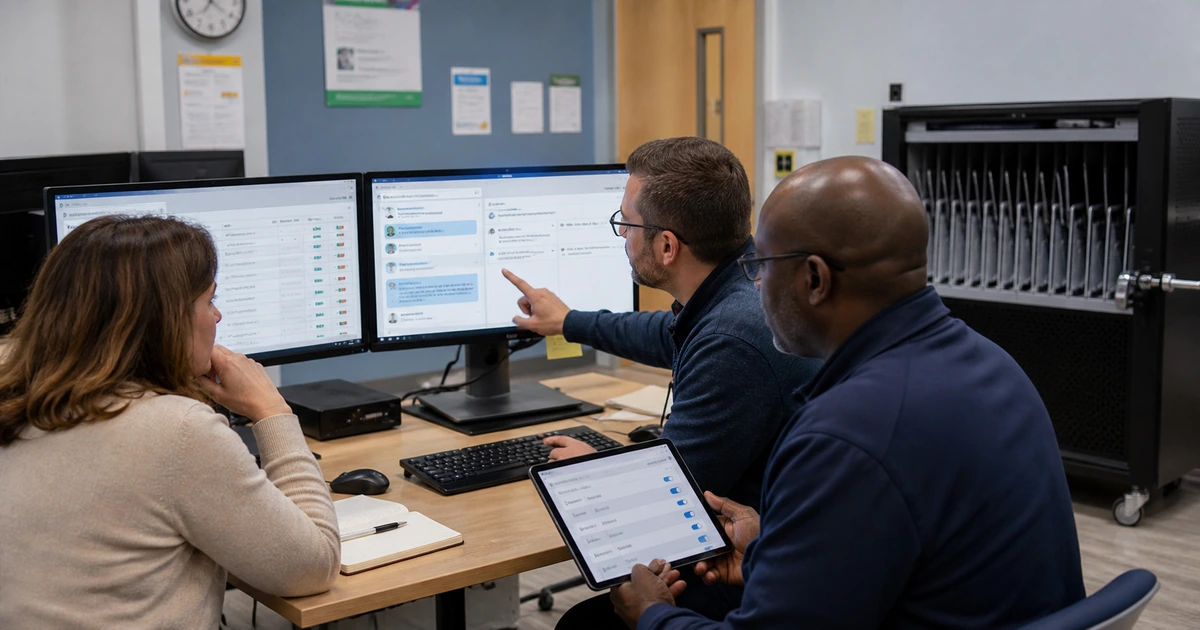 Faculty operations and IT staff testing a secure AI pilot with sample data in a school computer lab