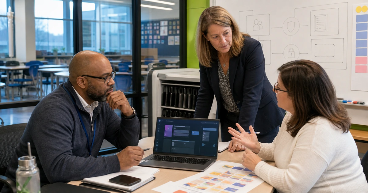 School leaders and educators reviewing AI governance privacy and classroom use in a modern learning space