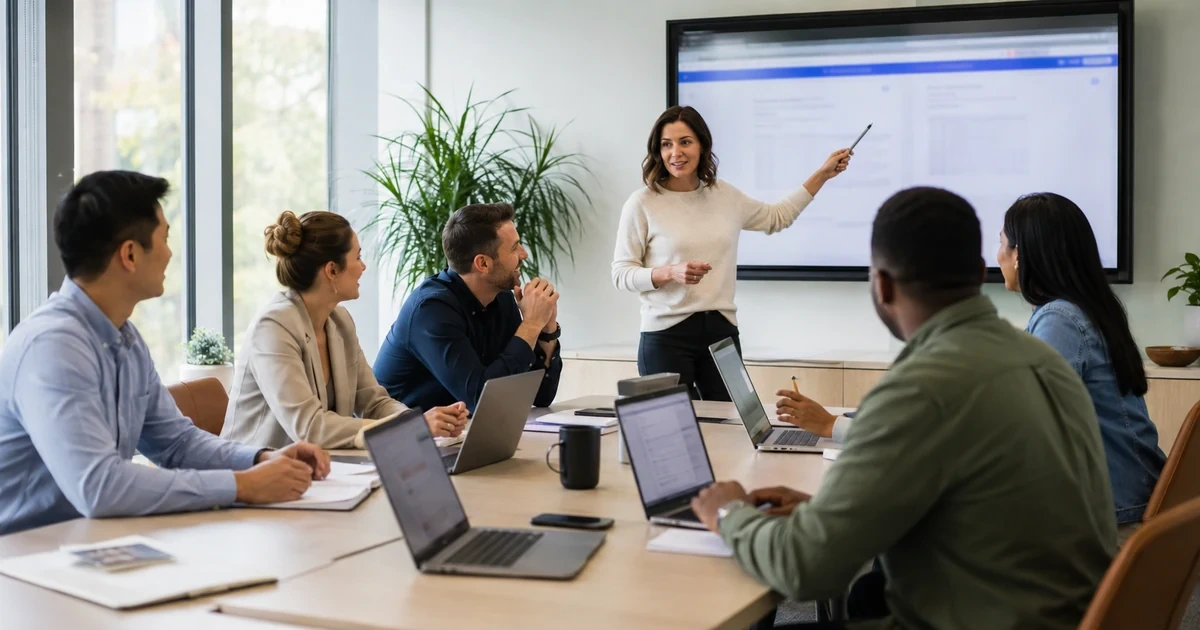 Employees practicing a business process together during an instructor led workshop