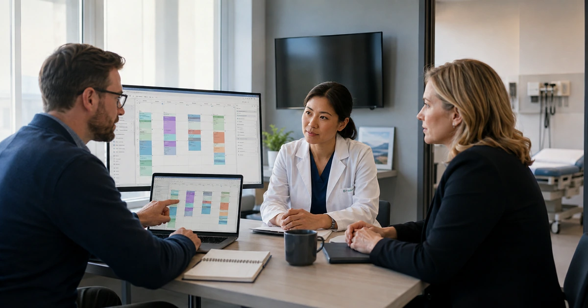 Physician practice manager and IT specialist reviewing clinical scheduling and patient flow technology