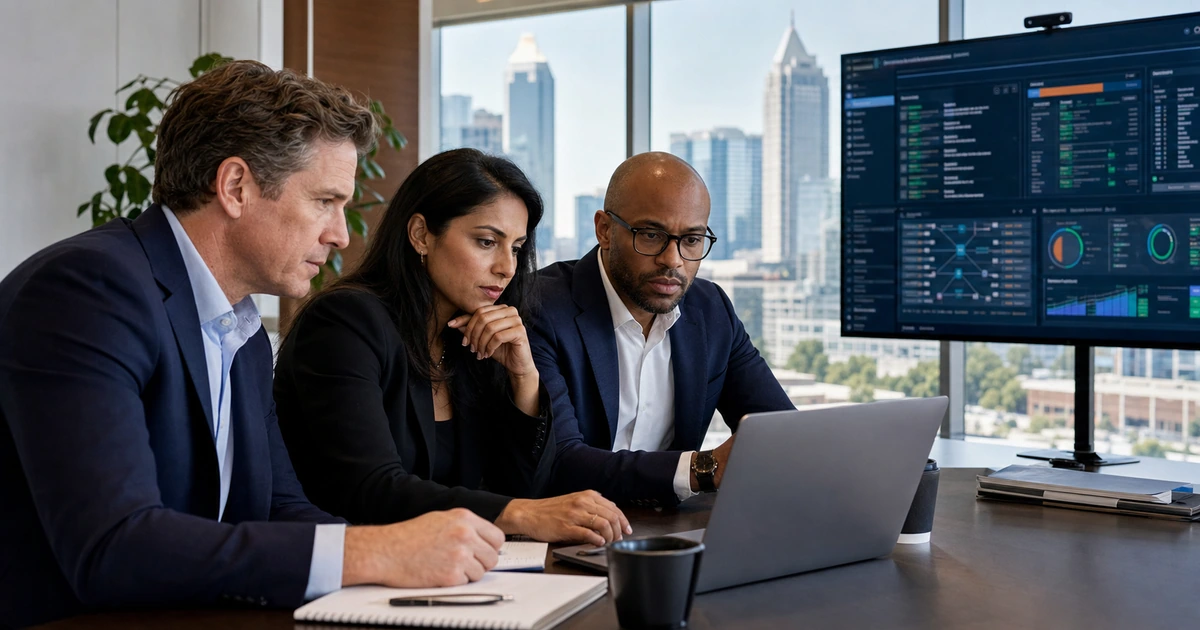 Private equity operating and technology leaders reviewing AI and data diligence before an acquisition
