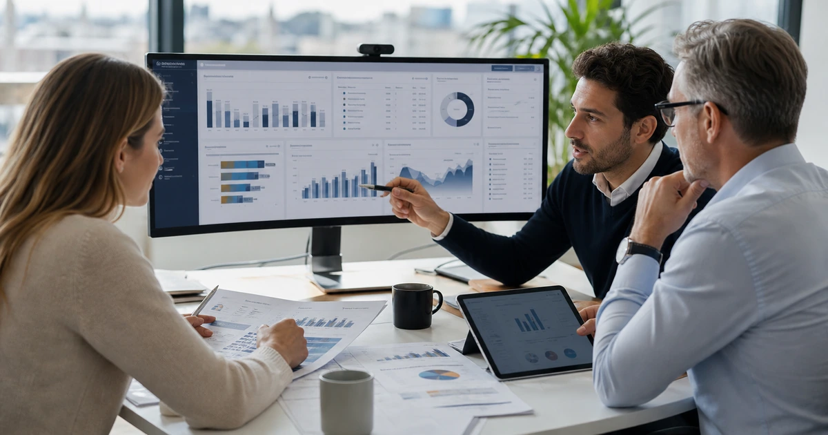 Marketing analysts and finance leader comparing campaign attribution and portfolio revenue reporting