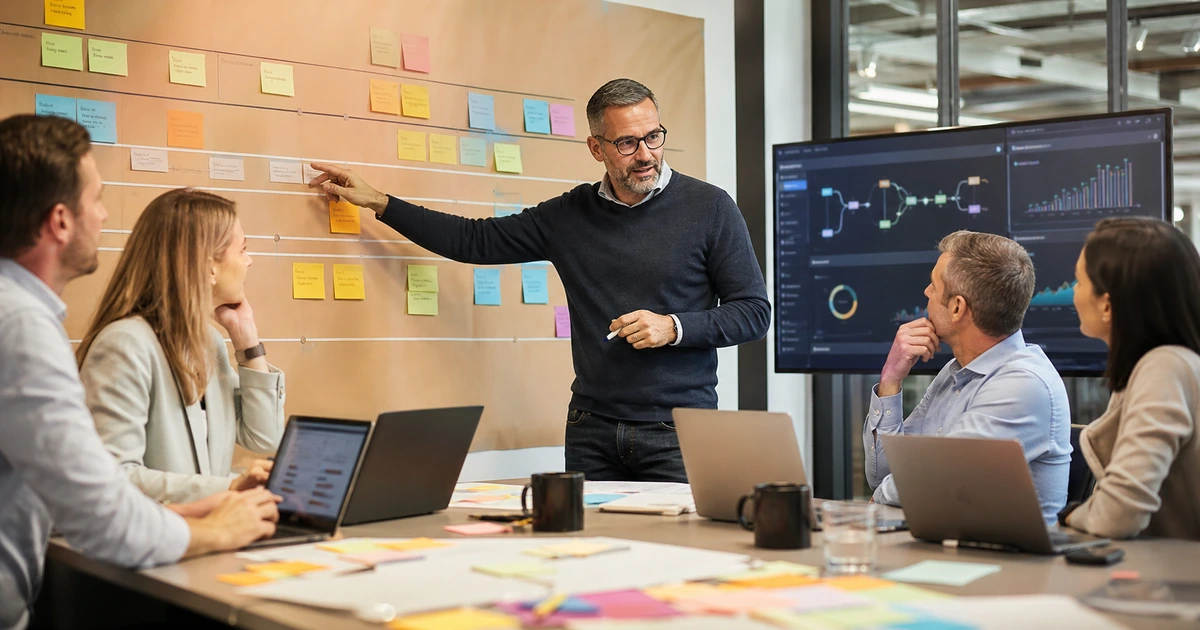 Private equity operating partner leading an AI value creation workshop for portfolio leaders