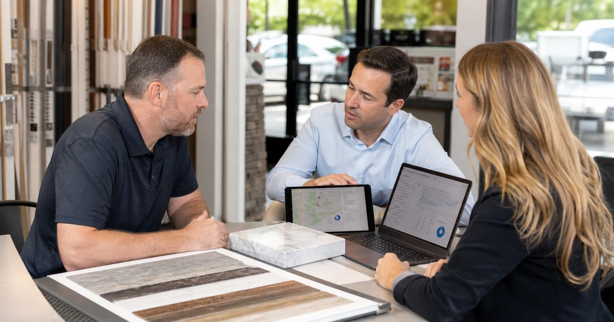 Portfolio growth team reviewing local search visibility and lead performance with a business owner
