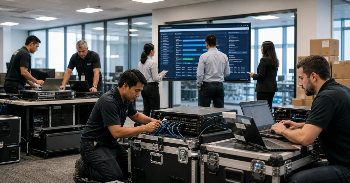 IT integration team deploying network hardware and coordinating a post-acquisition migration