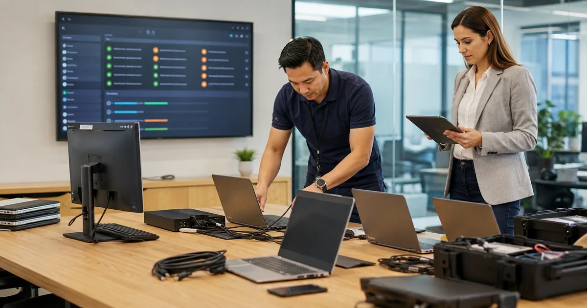 IT specialist and operations manager validating business devices before employee deployment