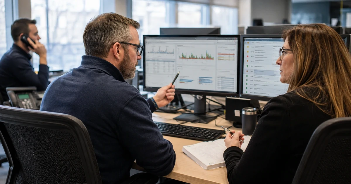 Service manager and support engineer reviewing ticket trends and endpoint health priorities