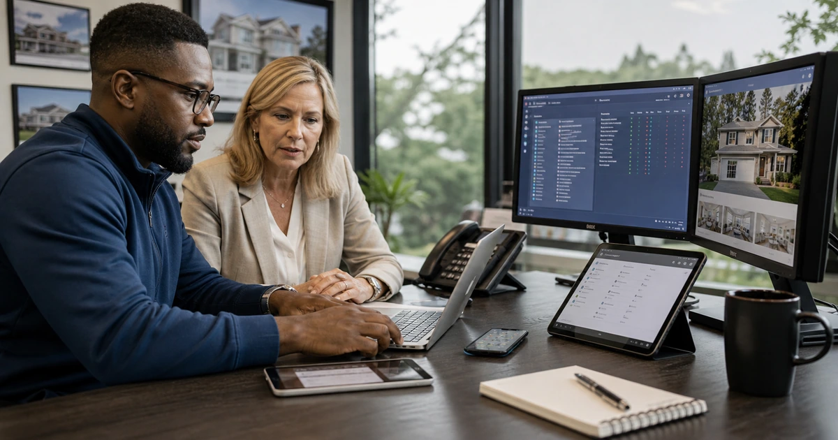 IT security engineer and brokerage manager reviewing devices accounts and listing system access