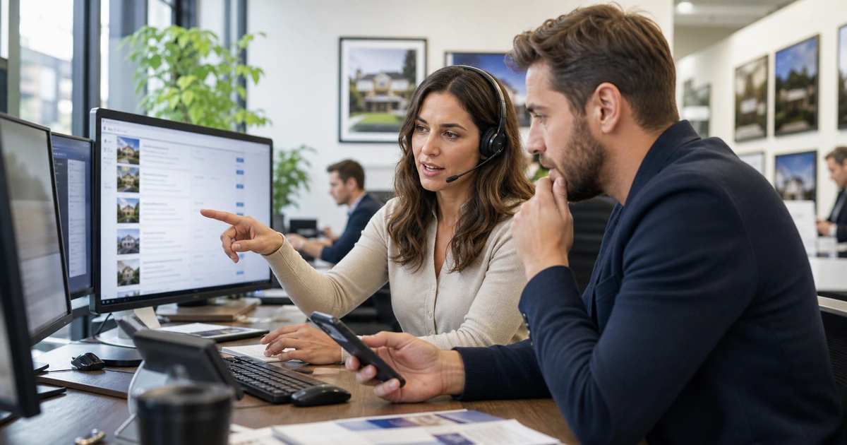 Real estate agent and marketing specialist reviewing property inquiries and response priorities