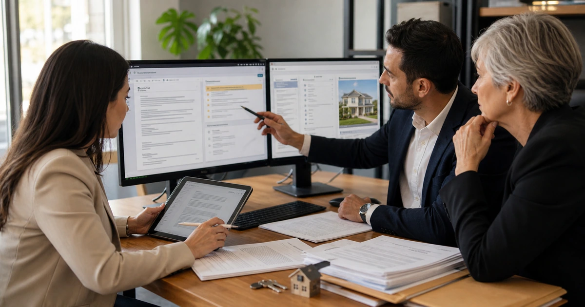 Real estate transaction team reviewing digital contracts milestones and missing items