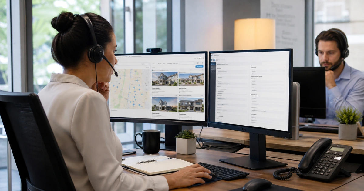 Real estate agent responding to a buyer while reviewing property search and CRM inquiry records