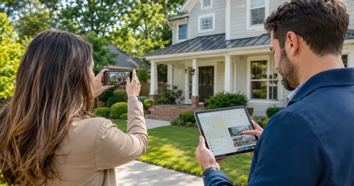 Real estate agent photographing a property while a marketer reviews local visibility on a tablet