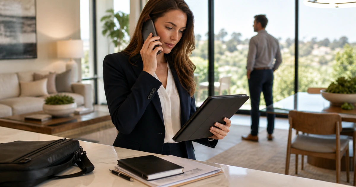 Real estate agent securely accessing transaction information on a tablet during a property showing