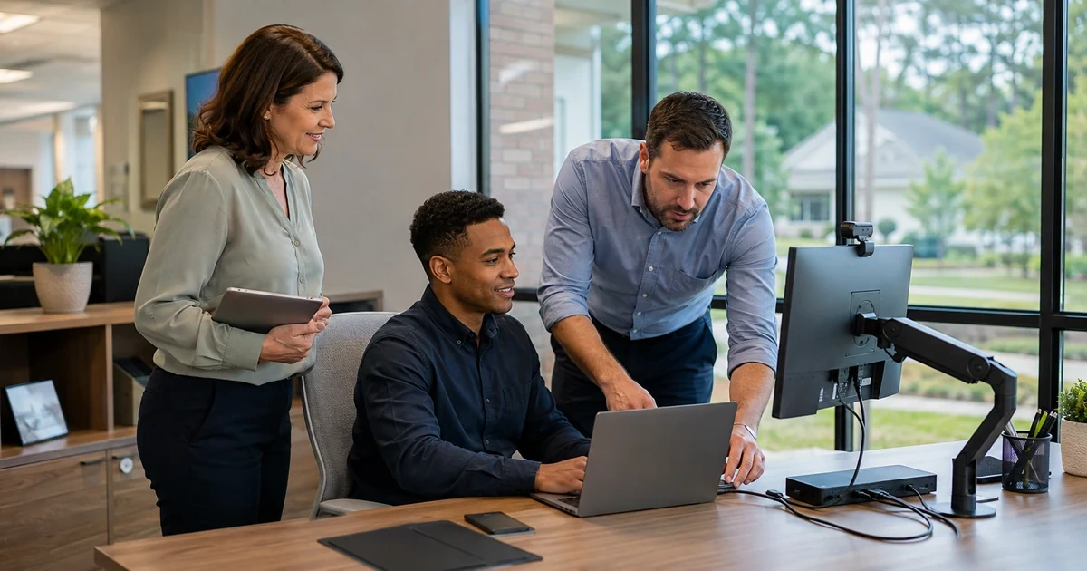 HR manager and IT specialist preparing a complete workstation with a new employee