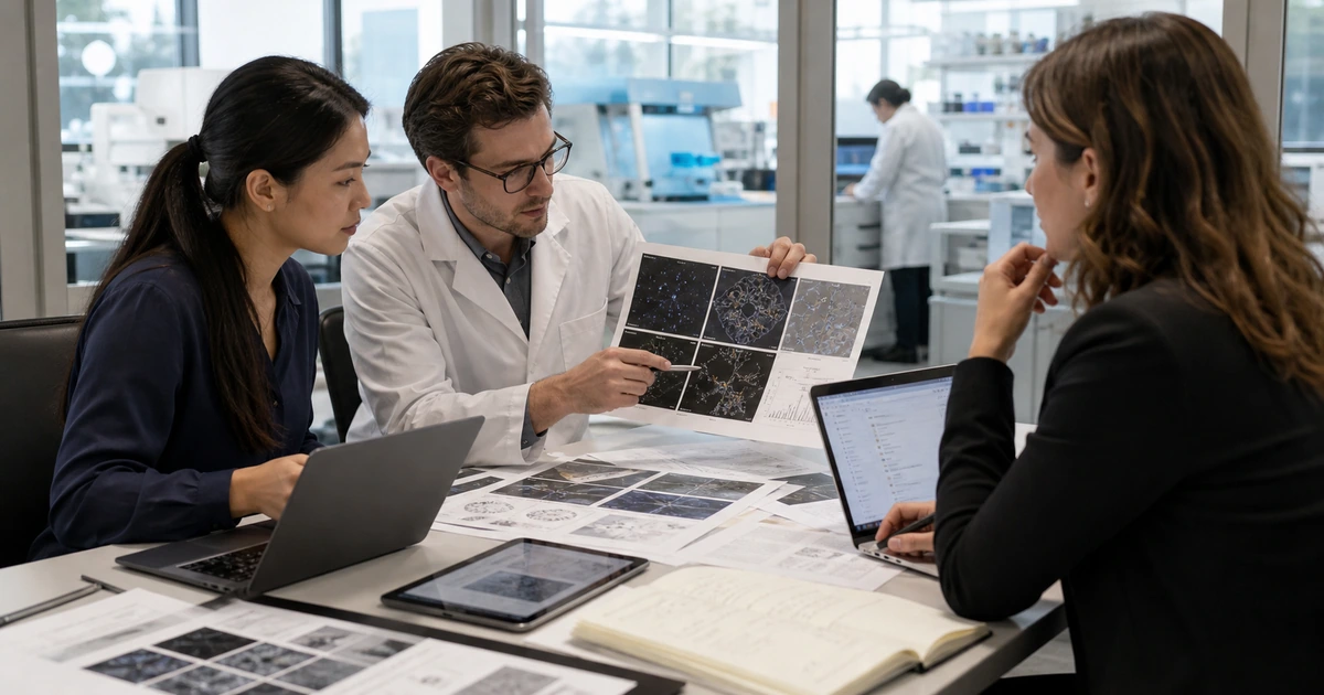 Scientist content strategist and business development lead verifying research evidence and assigning qualified inquiry follow up