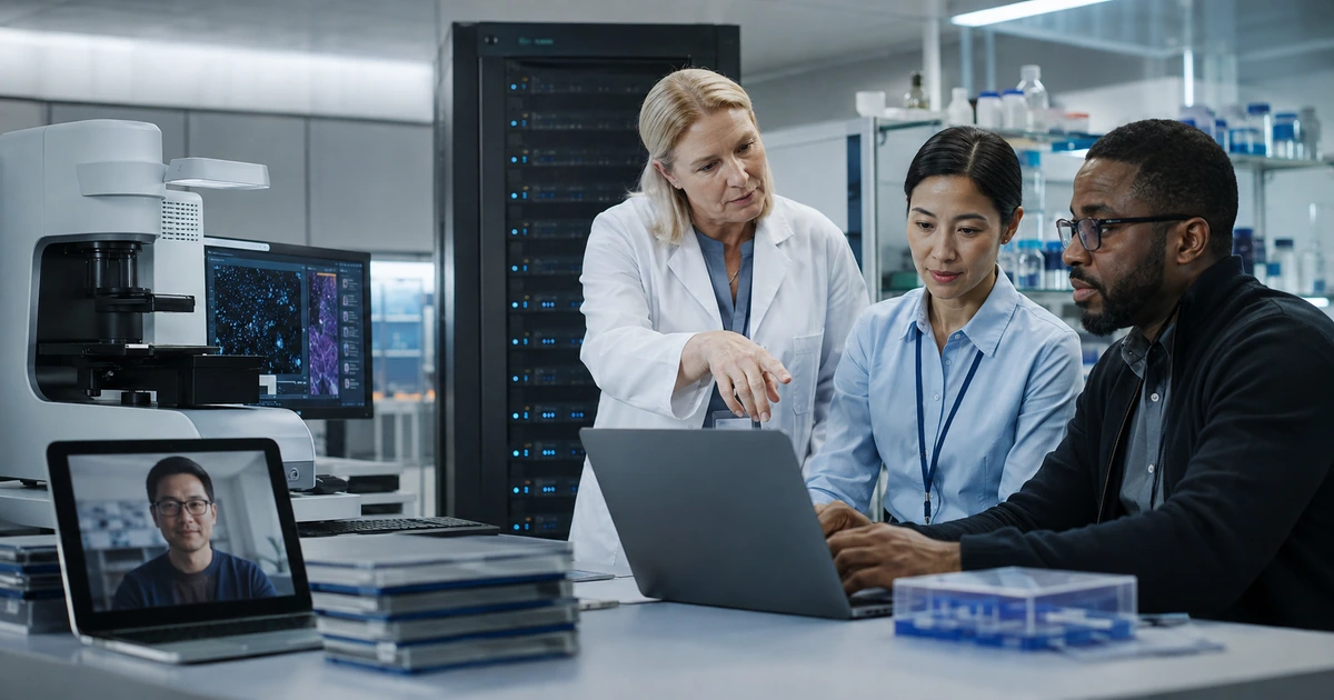 Research leaders and a cybersecurity engineer reviewing instrument access secure storage backups and collaborator connectivity