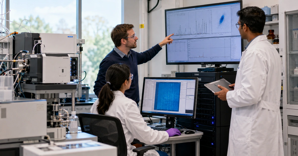 Scientists and an IT engineer tracing laboratory instrument data through analysis storage backup and collaboration systems