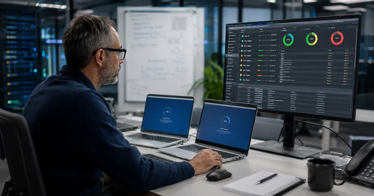IT engineer validating staged operating system updates on business laptops before wider deployment