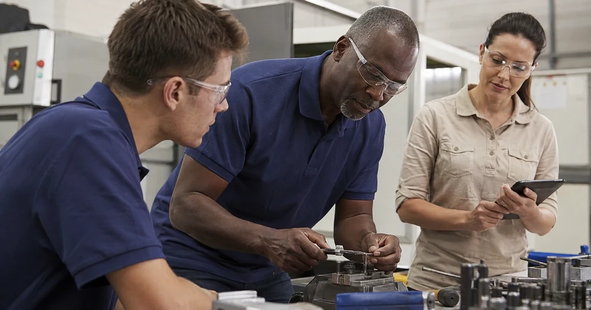 Senior technician coaching an employee through a role specific workplace task