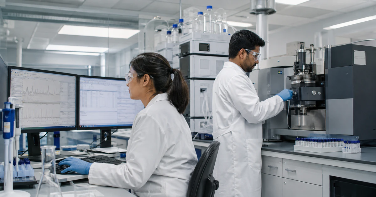 Research scientists operating laboratory instrumentation and reviewing analytical data
