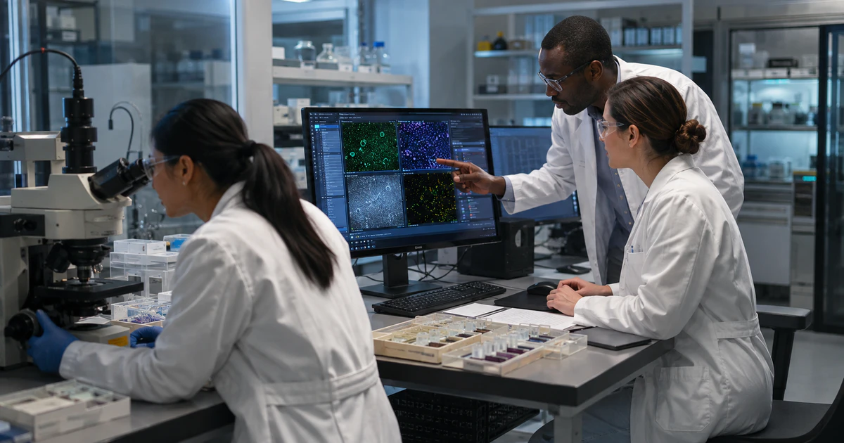 Research team reviewing microscopy results in a modern laboratory