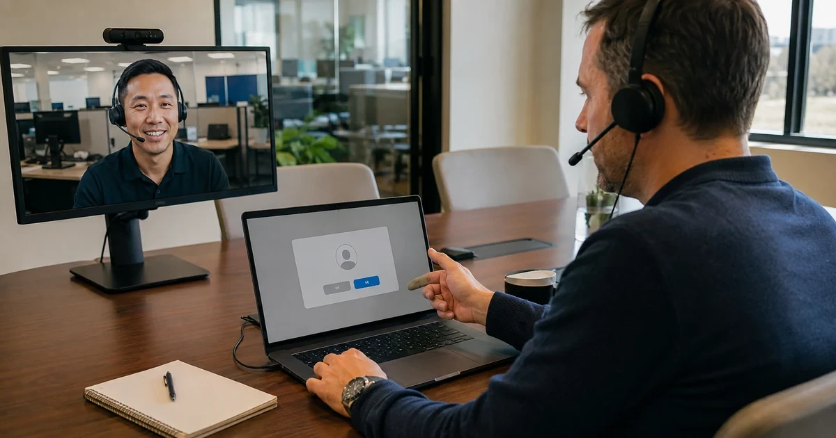Business user confirming a verified remote support request with an IT help desk specialist