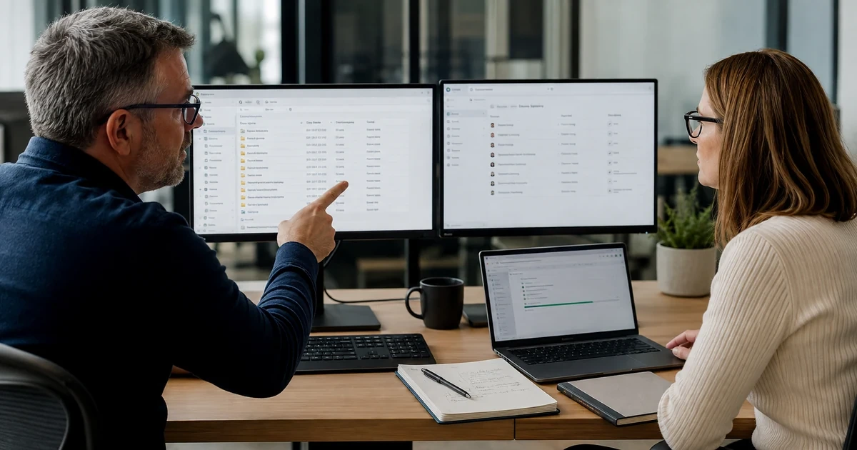 IT administrator and records manager correcting file ownership permissions duplicates and sync reliability