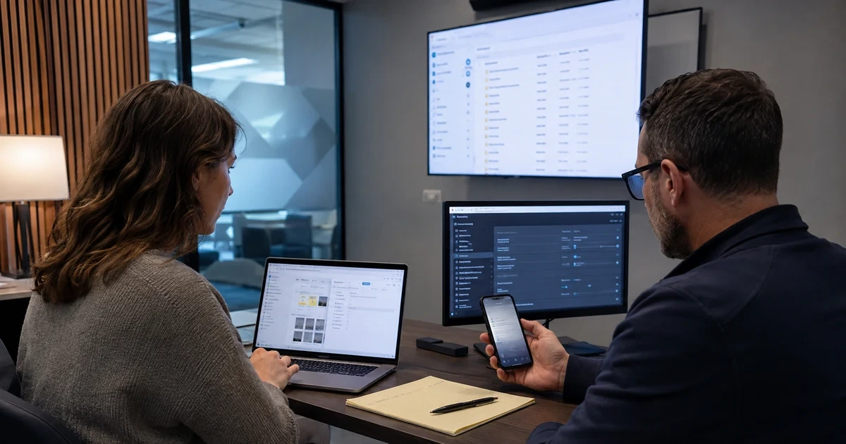 Business employee and IT specialist testing external file sharing recipient access and security prompts